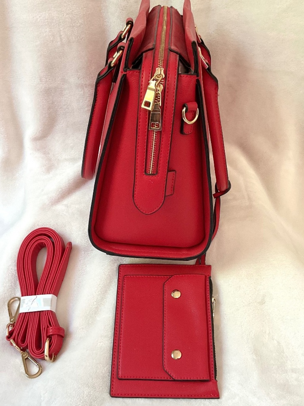 Red Structured Tote Bag Set Faux Leather Top Handle Crossbody Strap & Wallet - Picture 6 of 13